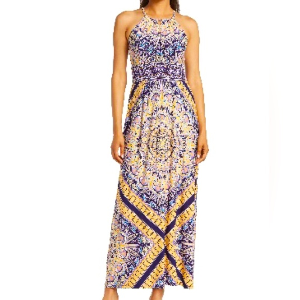 Spring London Times Halter Morris Print Maxi Dress (navy/yellow s10) Never Worn